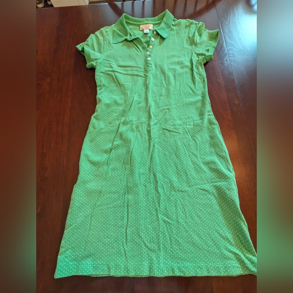 Talbots Petites knit polo dress, green with mini white dots, size small